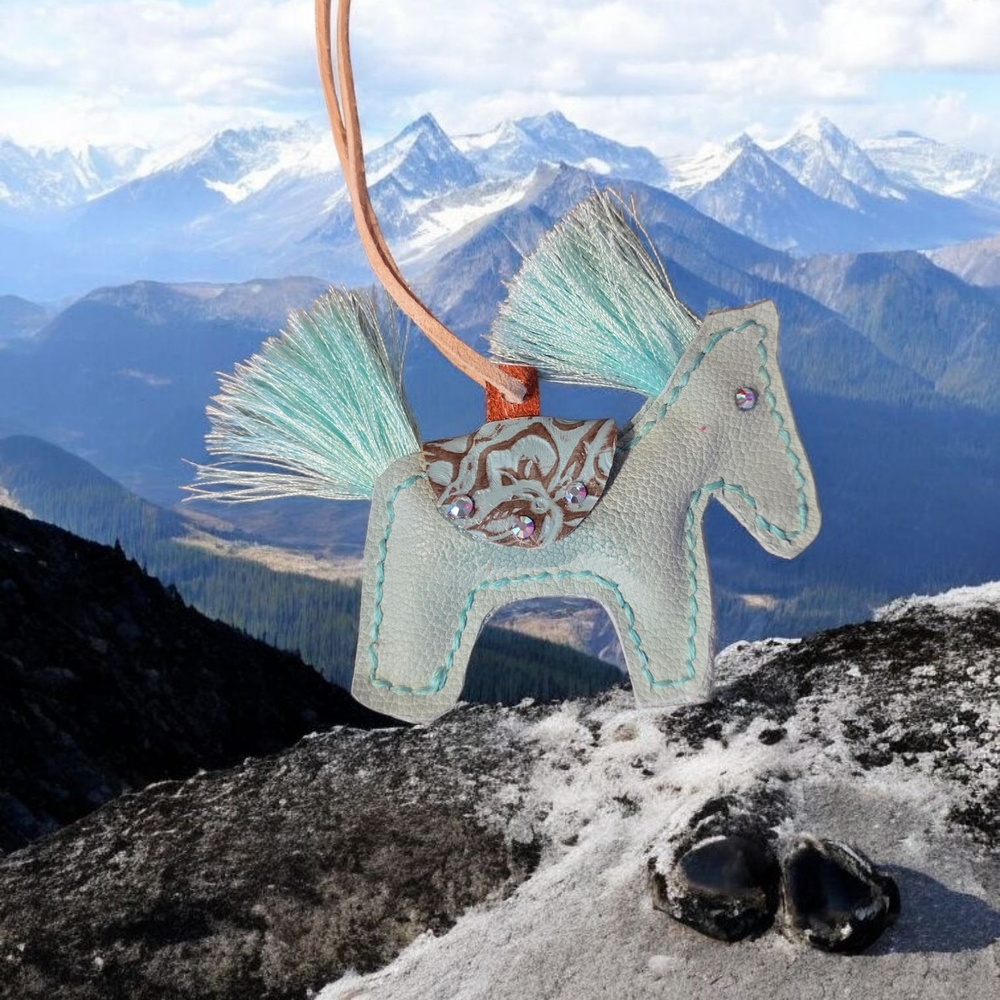 Handcrafted Horse Handbag Charm with Aqua Blue and Brown